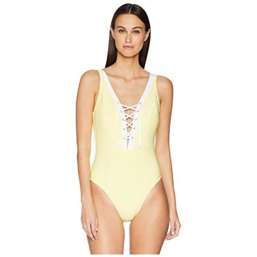 LETARTE Lace Up Textured One Piece Swimsuit Butter Yellow Medium M